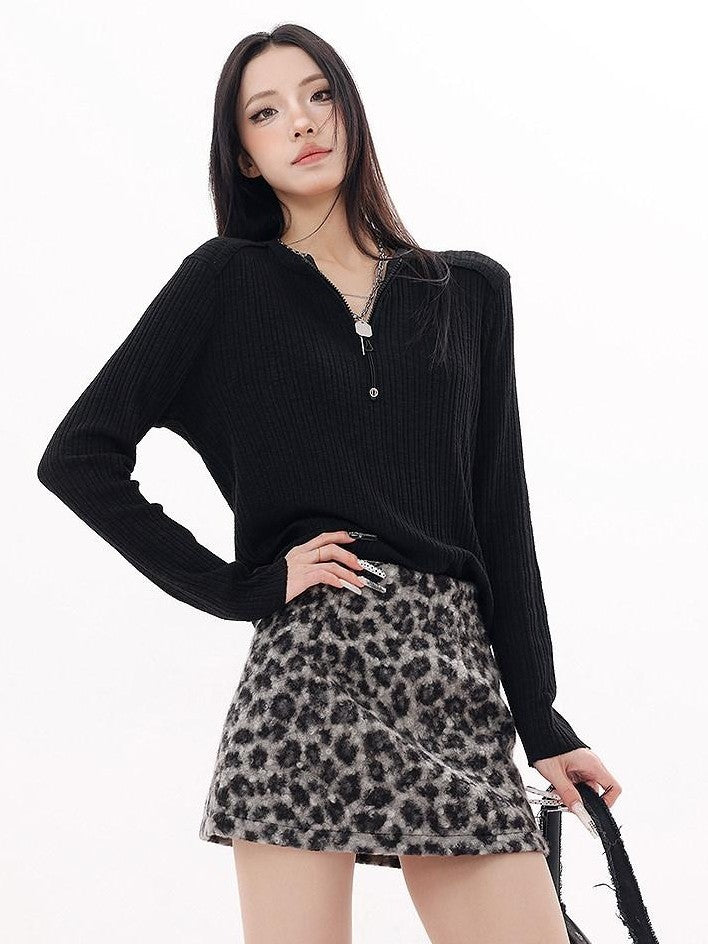 QIUQIU STUDIO Retro Leopard Print A Line Slim Mid Waist Lined Women&