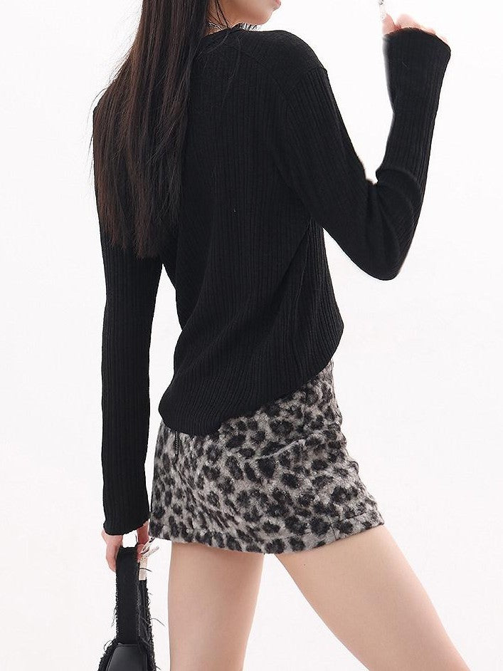 QIUQIU STUDIO Retro Leopard Print A Line Slim Mid Waist Lined Women&