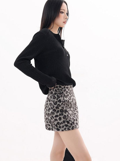 QIUQIU STUDIO Retro Leopard Print A Line Slim Mid Waist Lined Women&