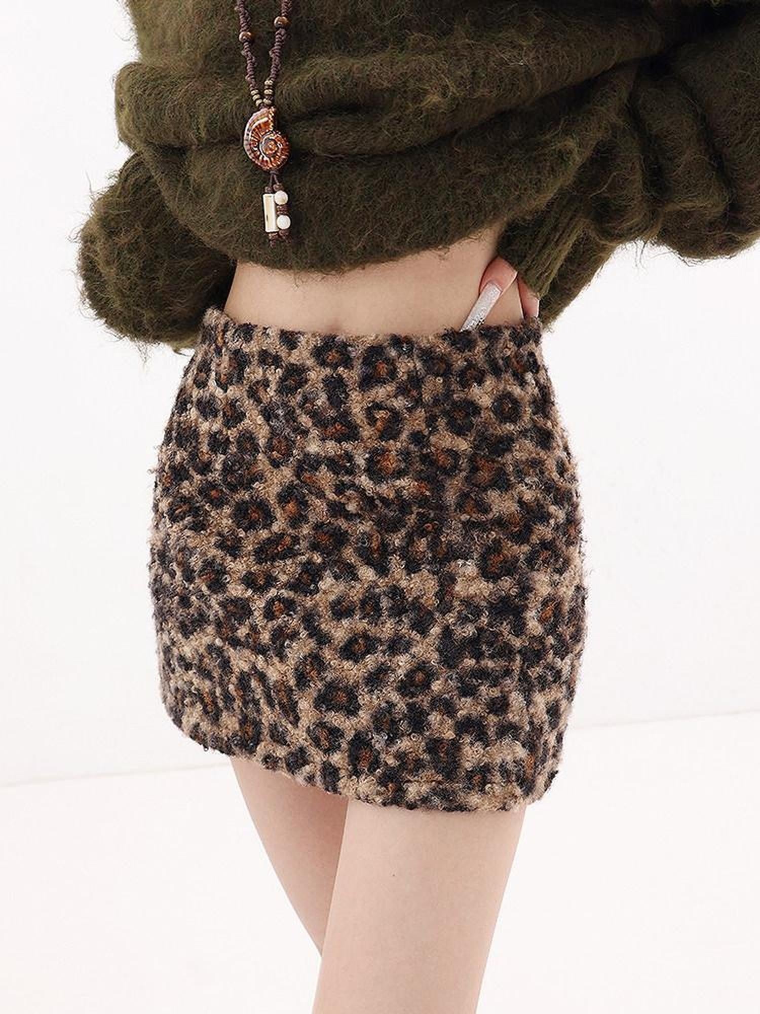 QIUQIU STUDIO Retro Leopard Print A Line Slim Mid Waist Lined Women&