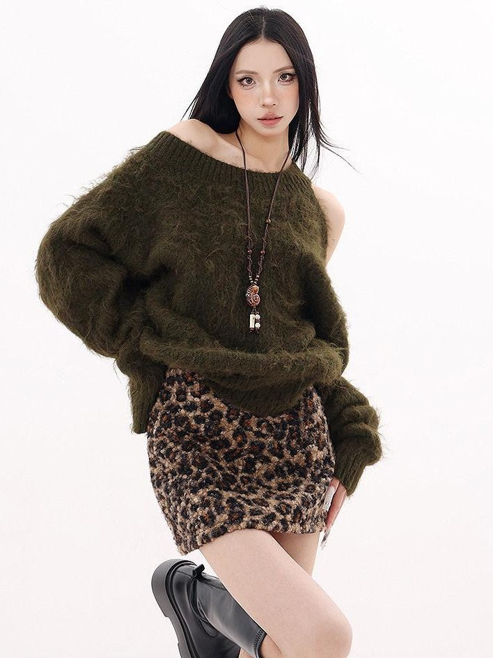 QIUQIU STUDIO Retro Leopard Print A Line Slim Mid Waist Lined Women&