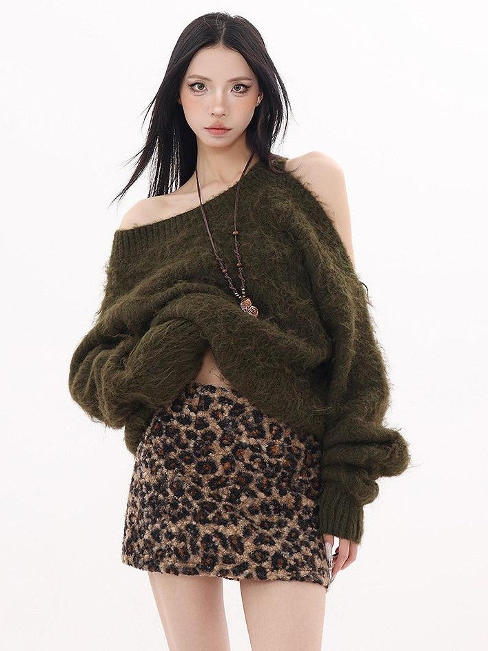 QIUQIU STUDIO Retro Leopard Print A Line Slim Mid Waist Lined Women&