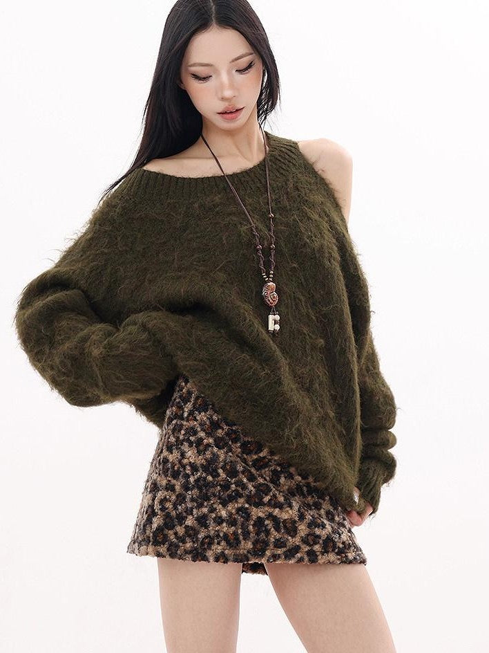 QIUQIU STUDIO Retro Leopard Print A Line Slim Mid Waist Lined Women&