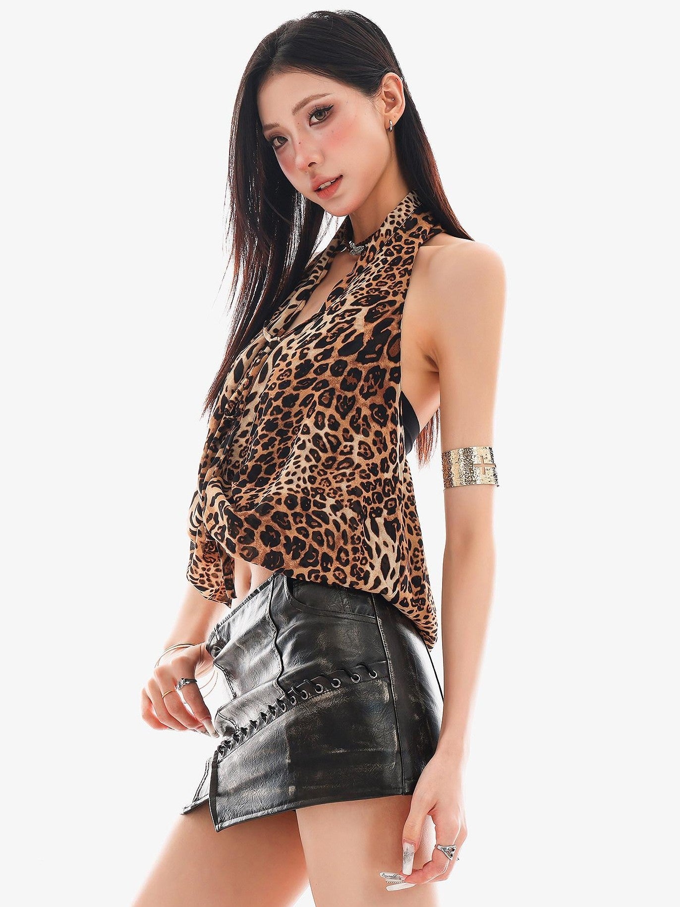 QIUQIU STUDIO Retro Leopard Print V-neck Backless Cropped Slim Women&