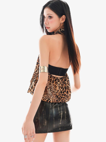 QIUQIU STUDIO Retro Leopard Print V-neck Backless Cropped Slim Women&