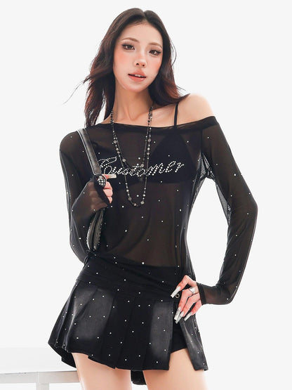 QIUQIU STUDIO Rhinestone Letter Sheer Mesh One Shoulder Women&