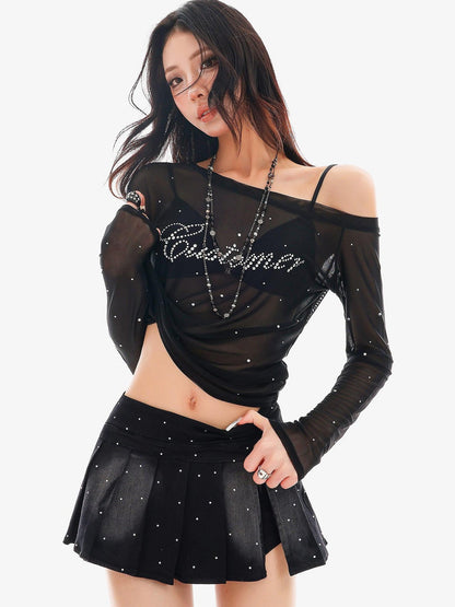QIUQIU STUDIO Rhinestone Letter Sheer Mesh One Shoulder Women&