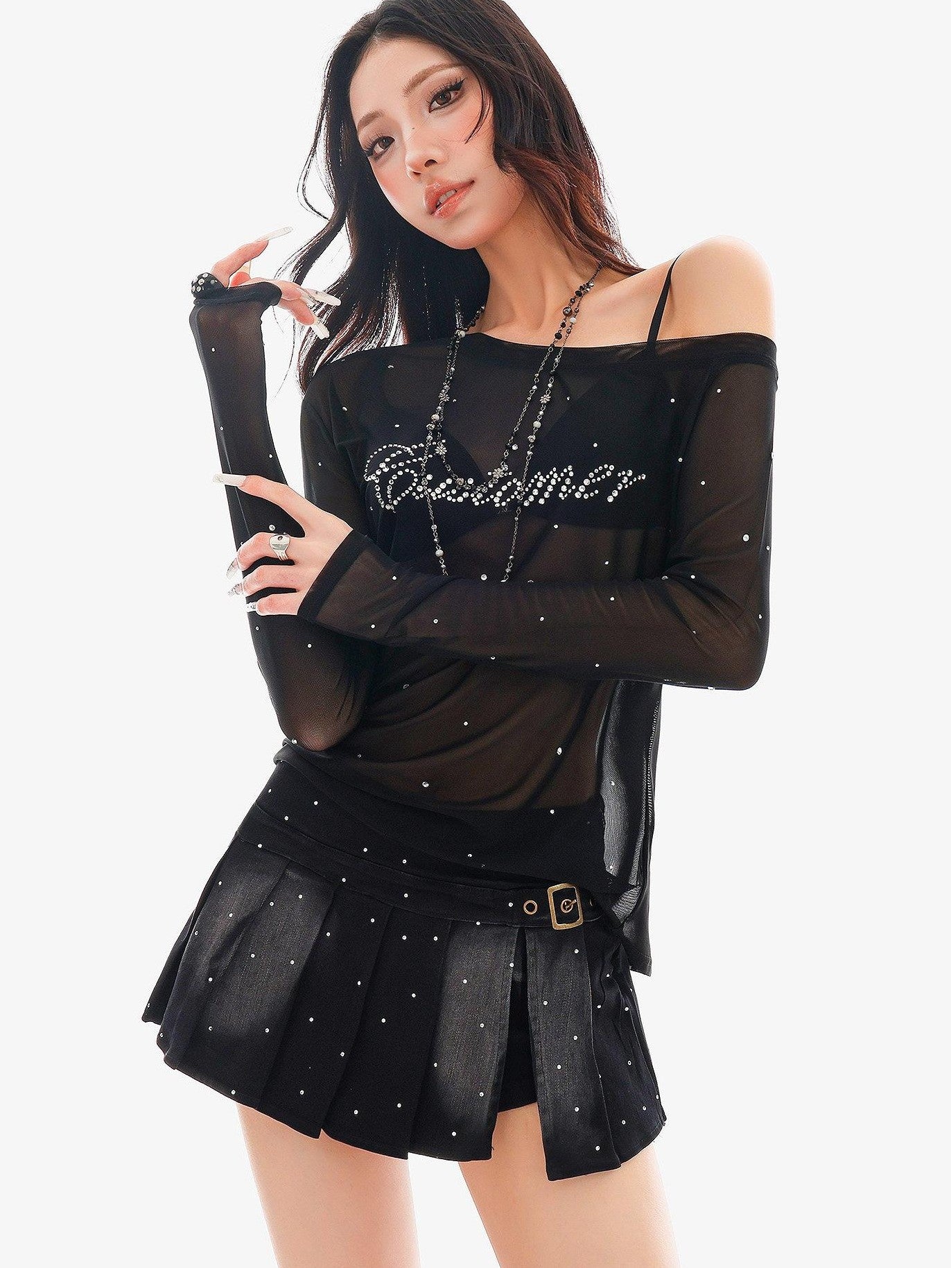QIUQIU STUDIO Rhinestone Letter Sheer Mesh One Shoulder Women&