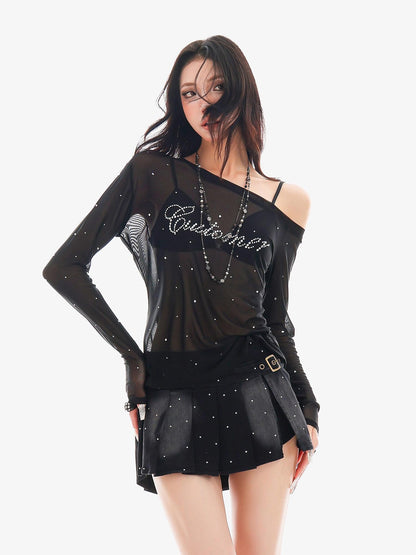 QIUQIU STUDIO Rhinestone Letter Sheer Mesh One Shoulder Women&