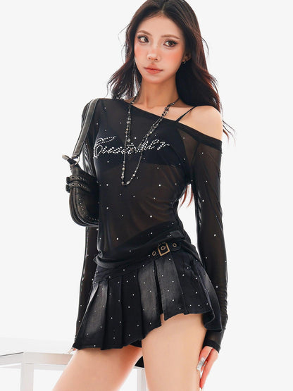 QIUQIU STUDIO Rhinestone Letter Sheer Mesh One Shoulder Women&
