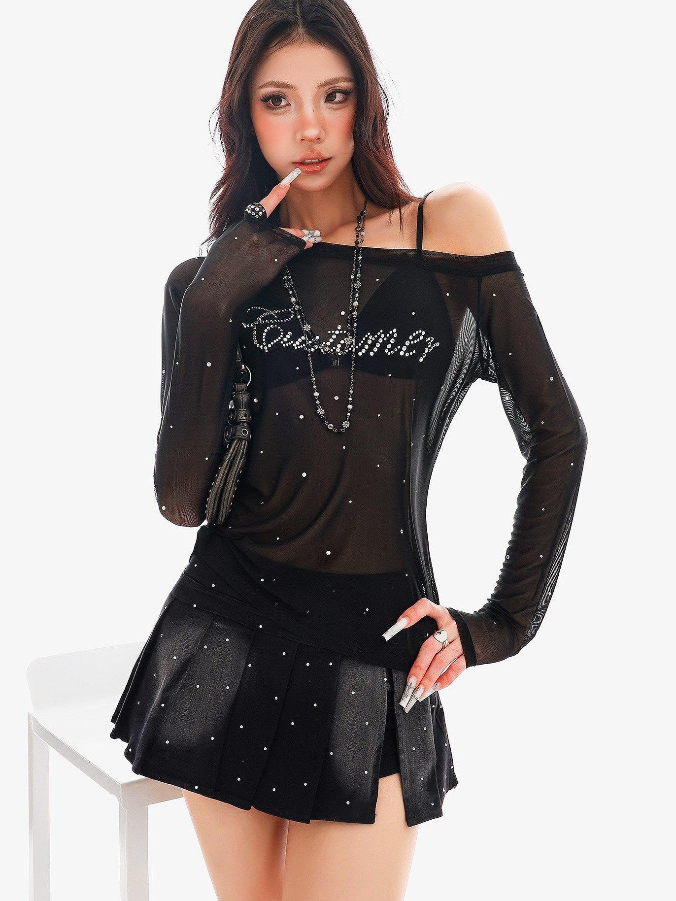 QIUQIU STUDIO Rhinestone Letter Sheer Mesh One Shoulder Women&