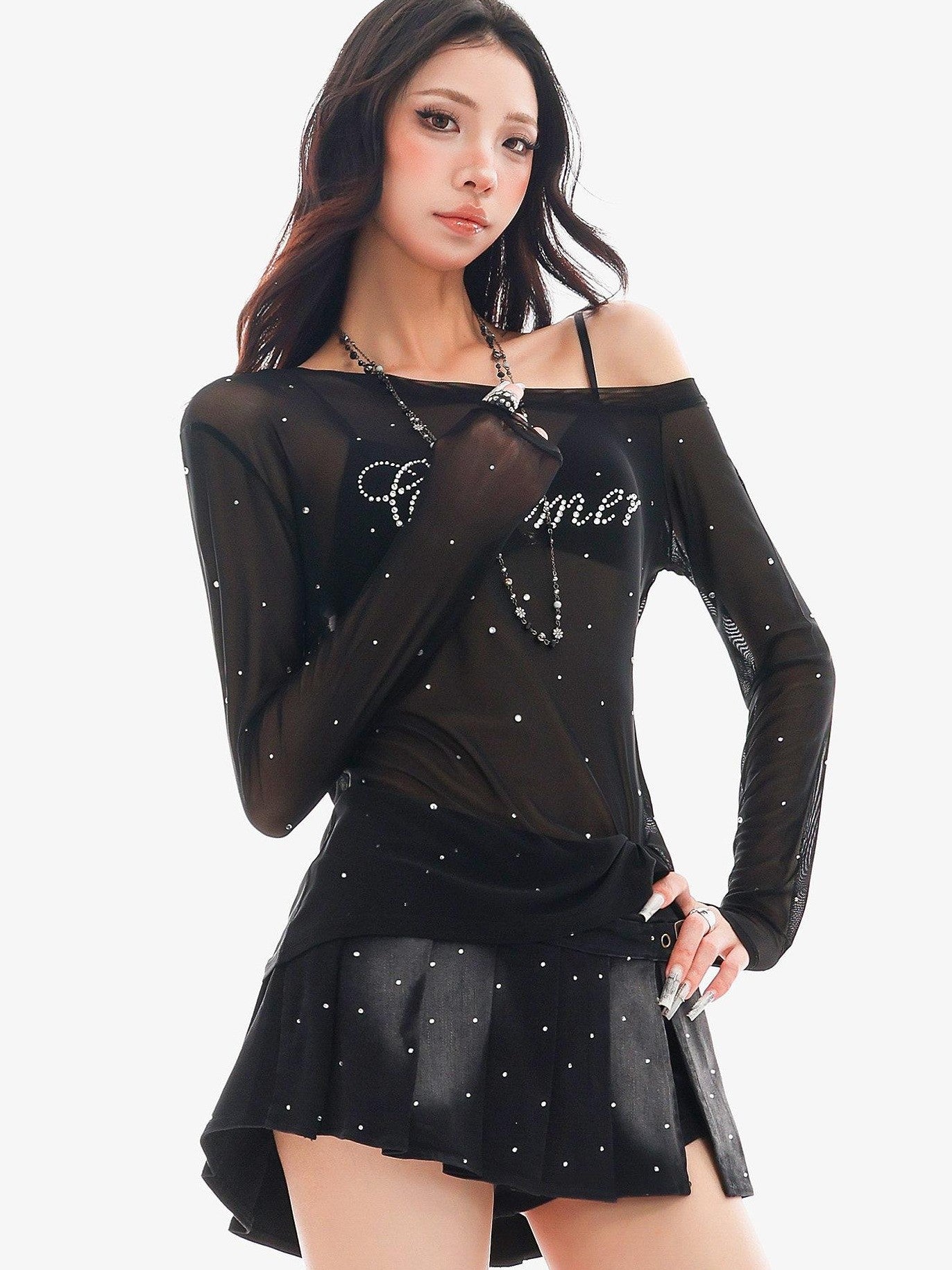 QIUQIU STUDIO Rhinestone Letter Sheer Mesh One Shoulder Women&