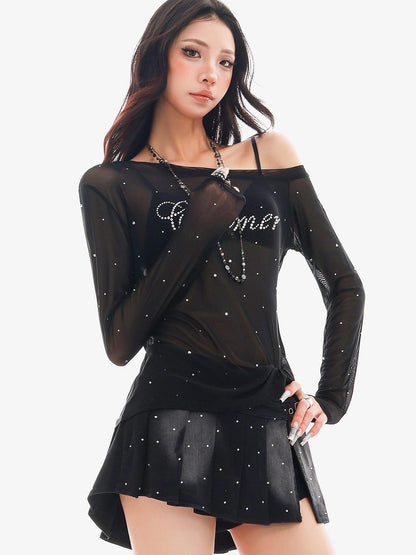 QIUQIU STUDIO Rhinestone Letter Sheer Mesh One Shoulder Women&