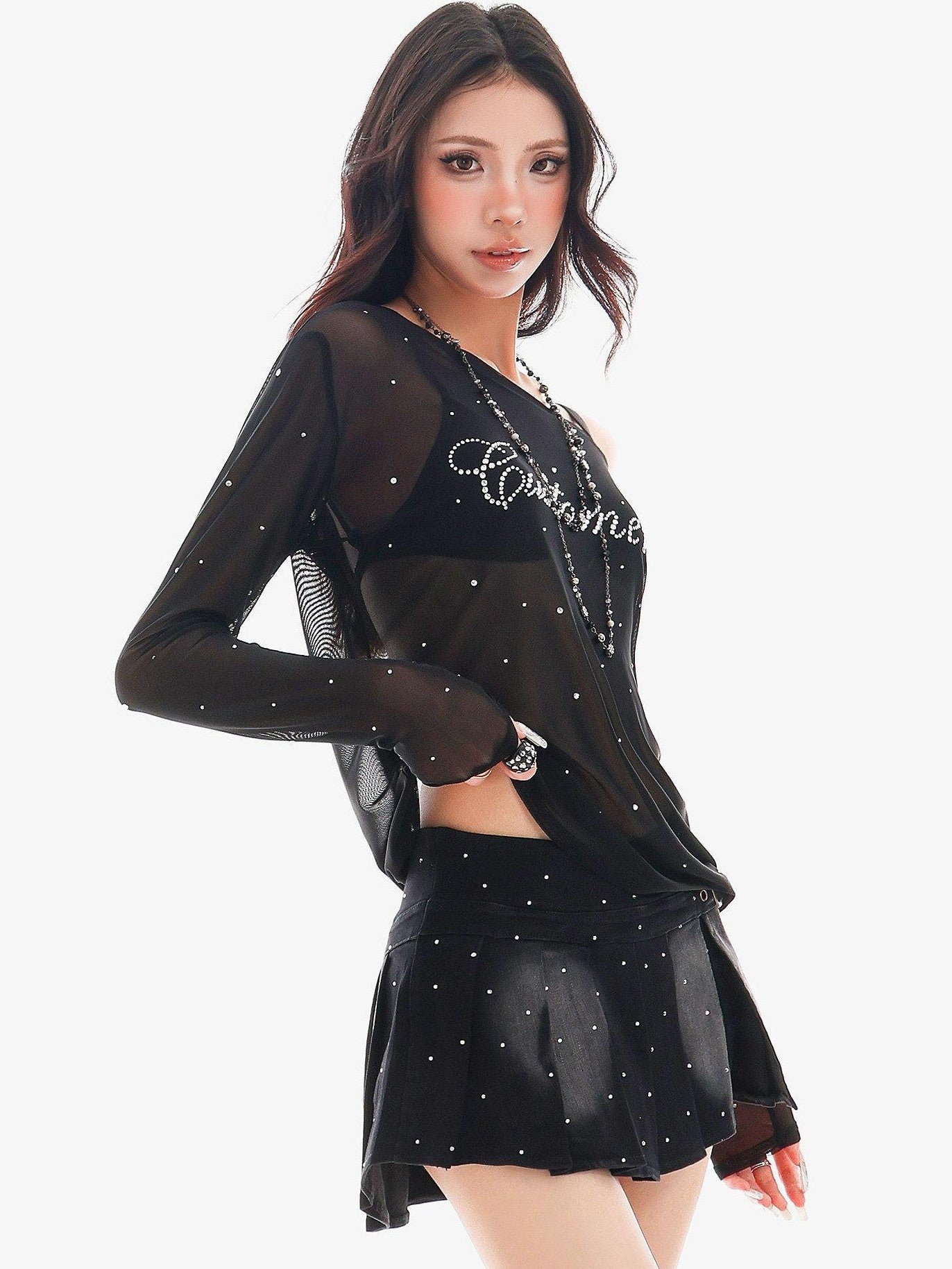 QIUQIU STUDIO Rhinestone Letter Sheer Mesh One Shoulder Women&