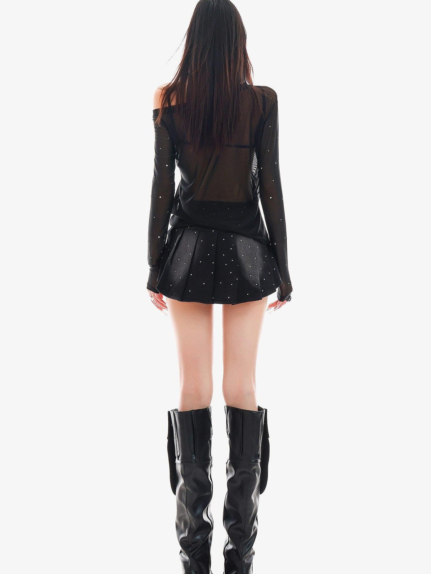 QIUQIU STUDIO Rhinestone Letter Sheer Mesh One Shoulder Women&