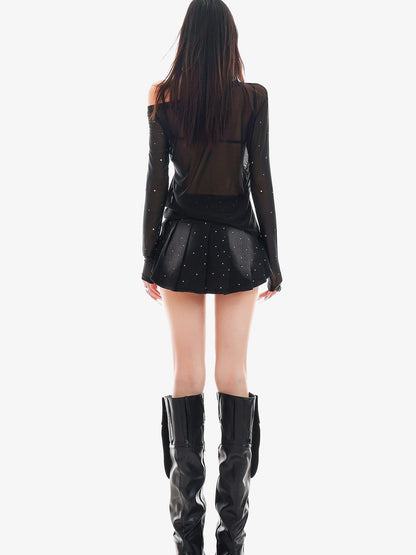 QIUQIU STUDIO Rhinestone Letter Sheer Mesh One Shoulder Women&