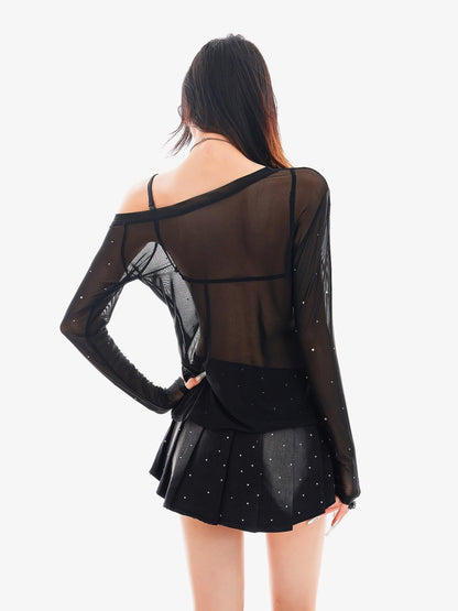 QIUQIU STUDIO Rhinestone Letter Sheer Mesh One Shoulder Women&