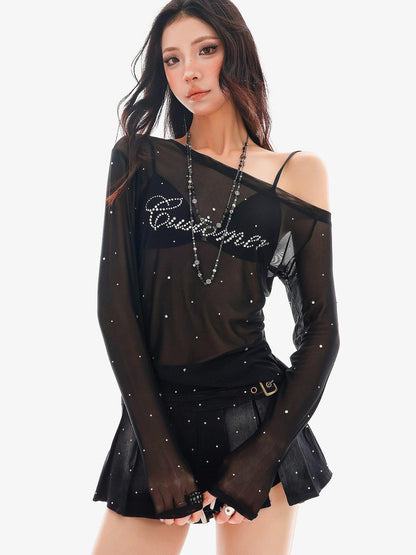 QIUQIU STUDIO Rhinestone Letter Sheer Mesh One Shoulder Women&