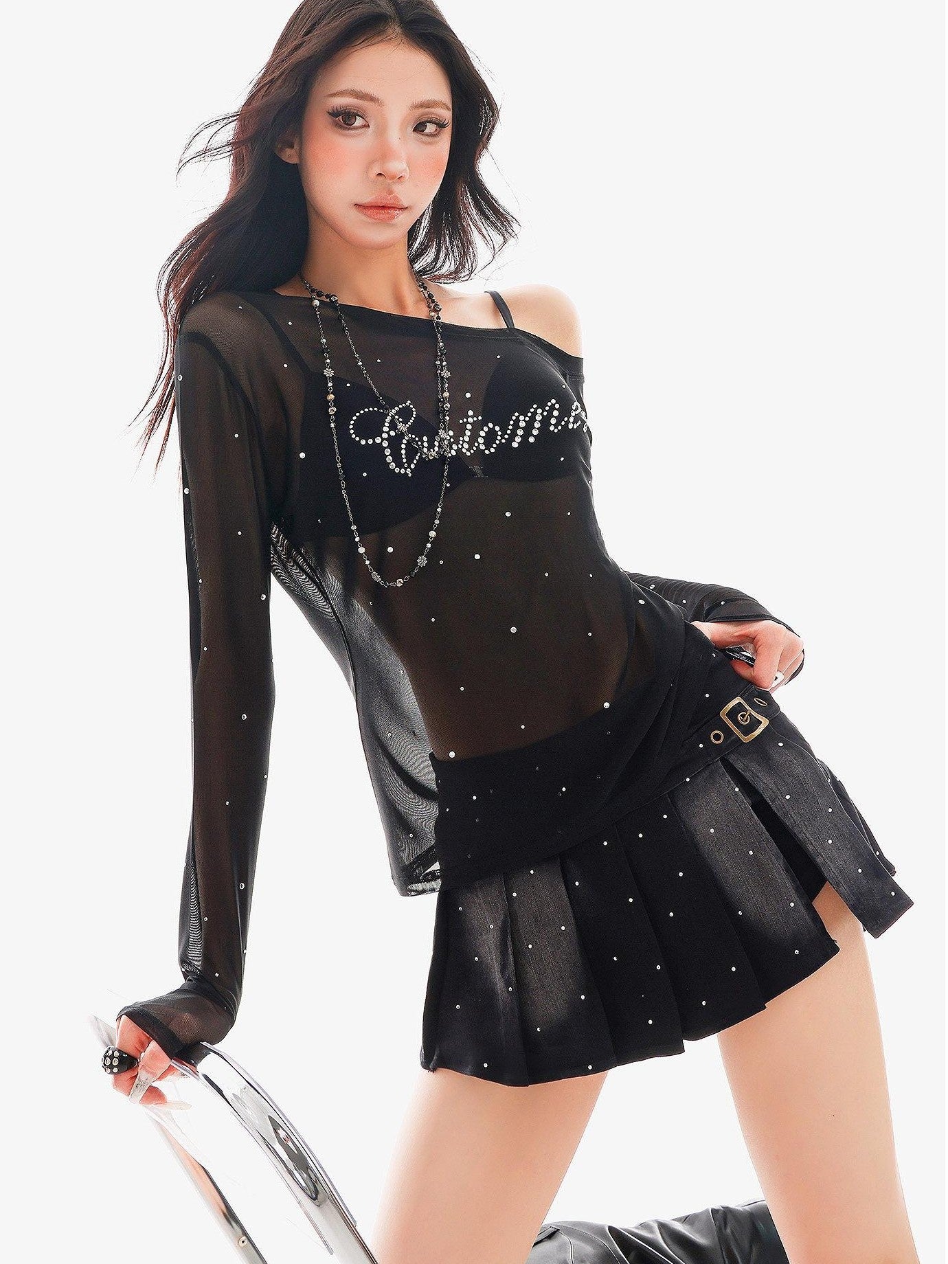 QIUQIU STUDIO Rhinestone Letter Sheer Mesh One Shoulder Women&