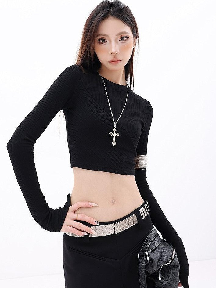 QIUQIU STUDIO Ribbed Cropped Round Neck Slim Fit Women&