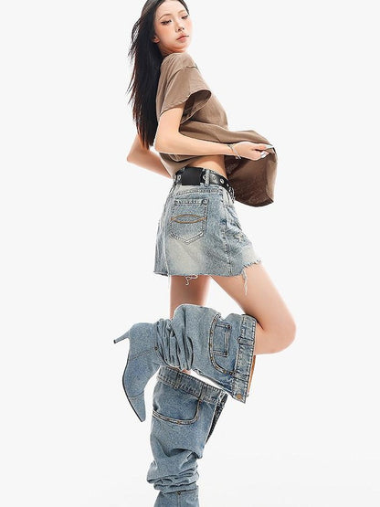 QIUQIU STUDIO Ripped Distressed Fringed Mid Rise Women&