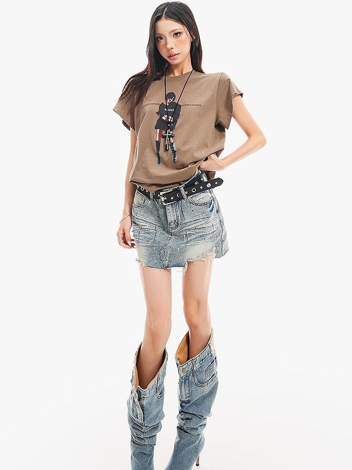 QIUQIU STUDIO Ripped Distressed Fringed Mid Rise Women&
