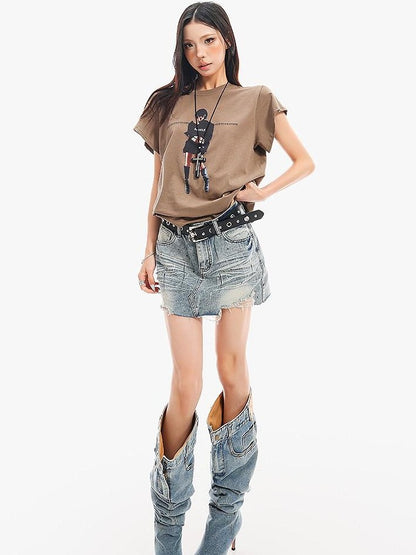 QIUQIU STUDIO Ripped Distressed Fringed Mid Rise Women&