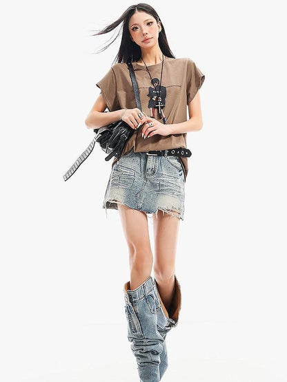 QIUQIU STUDIO Ripped Distressed Fringed Mid Rise Women&