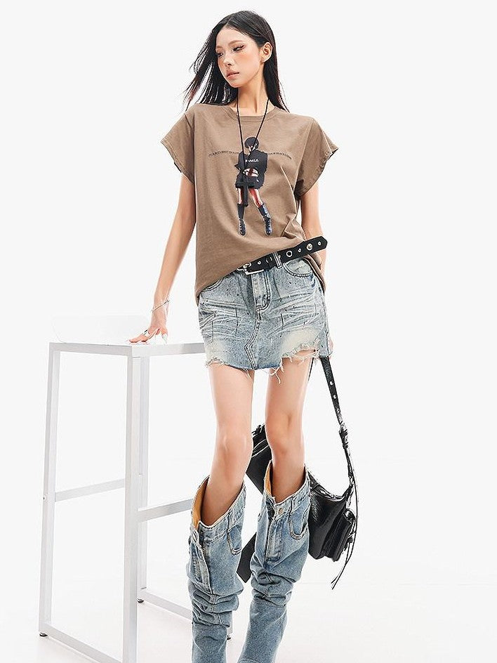 QIUQIU STUDIO Ripped Distressed Fringed Mid Rise Women&