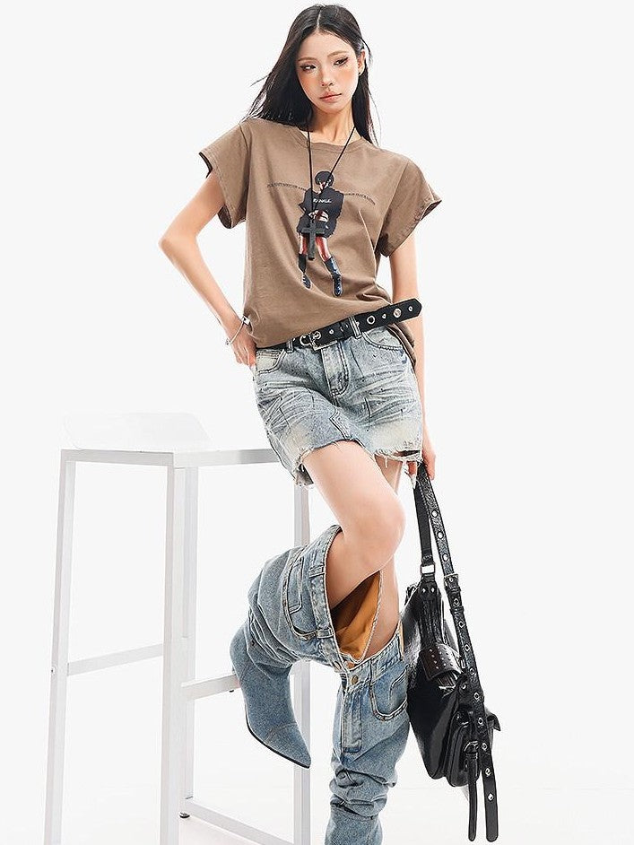 QIUQIU STUDIO Ripped Distressed Fringed Mid Rise Women&