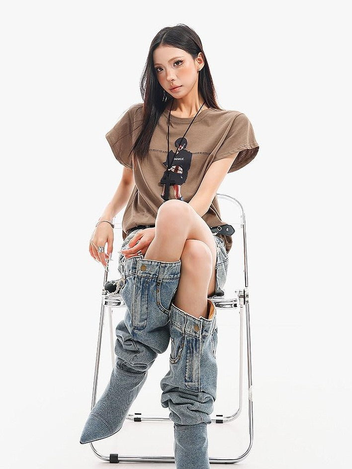QIUQIU STUDIO Ripped Distressed Fringed Mid Rise Women&