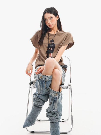 QIUQIU STUDIO Ripped Distressed Fringed Mid Rise Women&