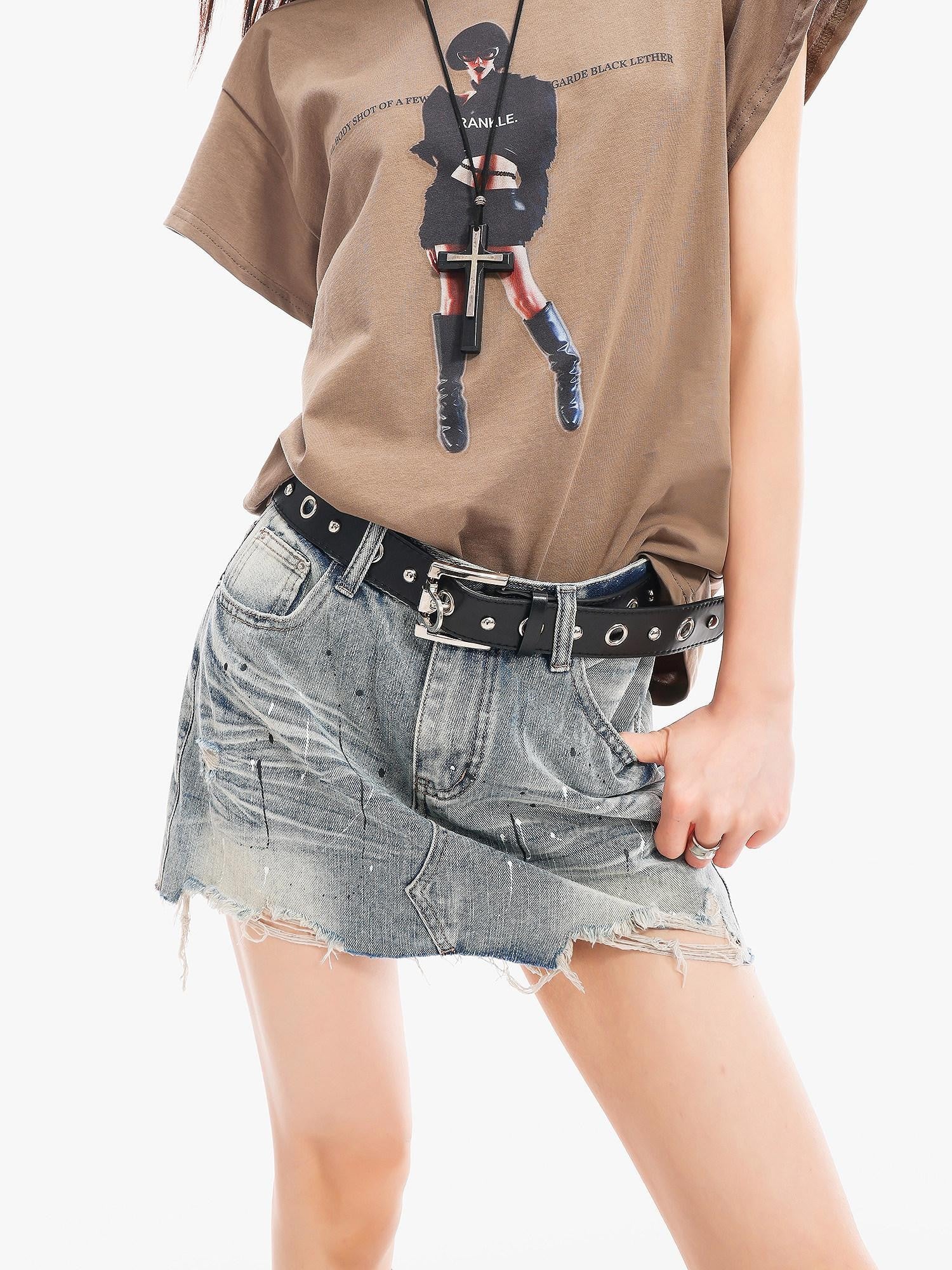 QIUQIU STUDIO Ripped Distressed Fringed Mid Rise Women&