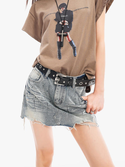 QIUQIU STUDIO Ripped Distressed Fringed Mid Rise Women&