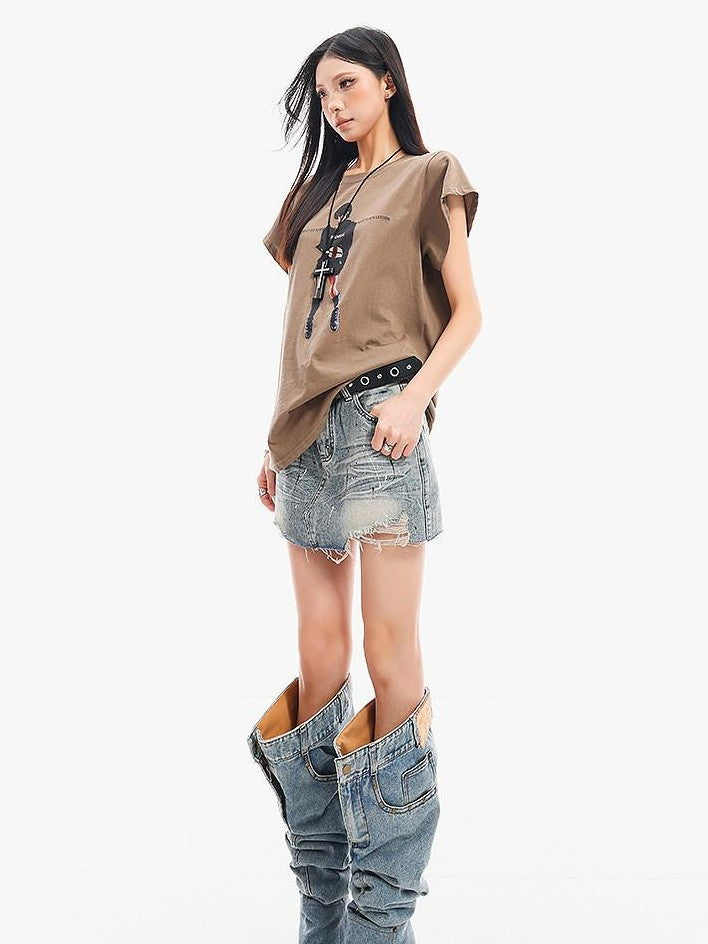 QIUQIU STUDIO Ripped Distressed Fringed Mid Rise Women&