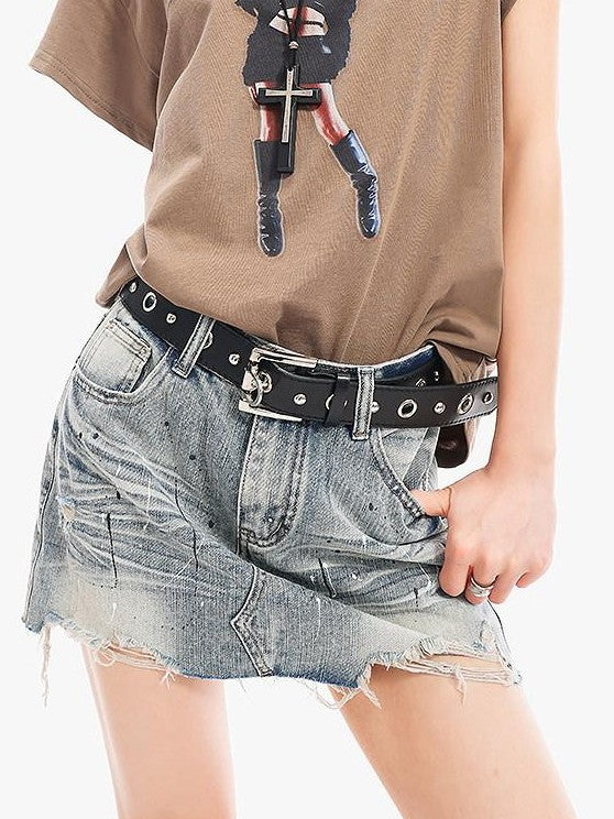 QIUQIU STUDIO Ripped Distressed Fringed Mid Rise Women&