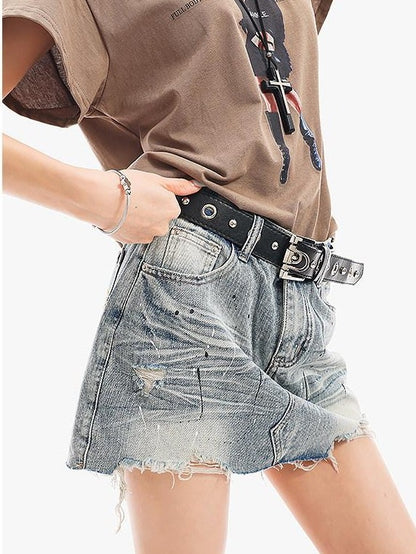 QIUQIU STUDIO Ripped Distressed Fringed Mid Rise Women&