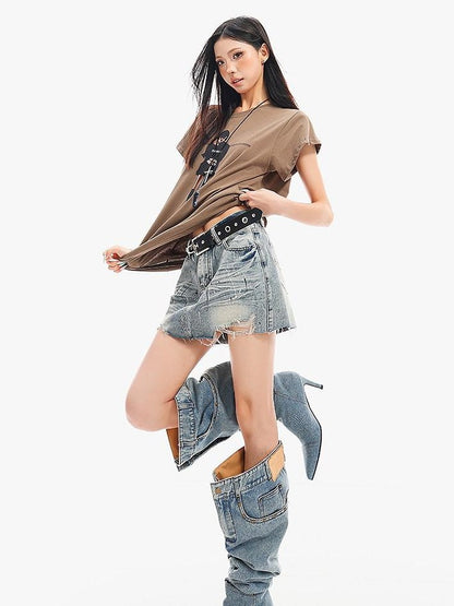 QIUQIU STUDIO Ripped Distressed Fringed Mid Rise Women&
