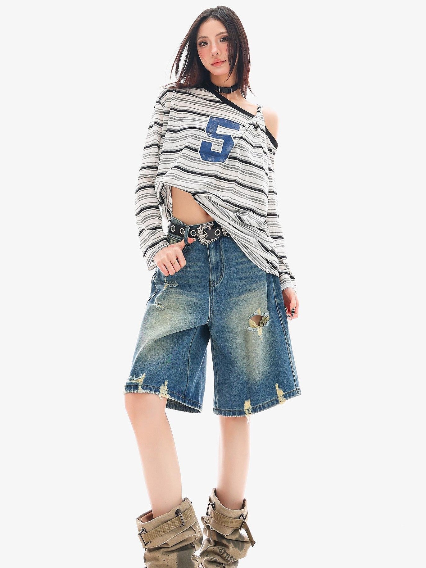 QIUQIU STUDIO Ripped Fringe Ombre Distressed Wide Leg Women&