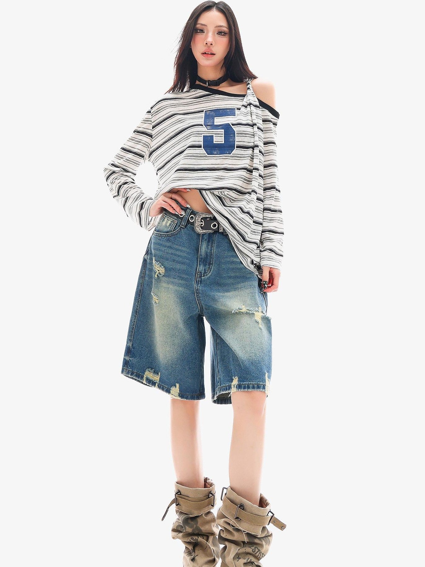 QIUQIU STUDIO Ripped Fringe Ombre Distressed Wide Leg Women&