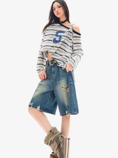 QIUQIU STUDIO Ripped Fringe Ombre Distressed Wide Leg Women&