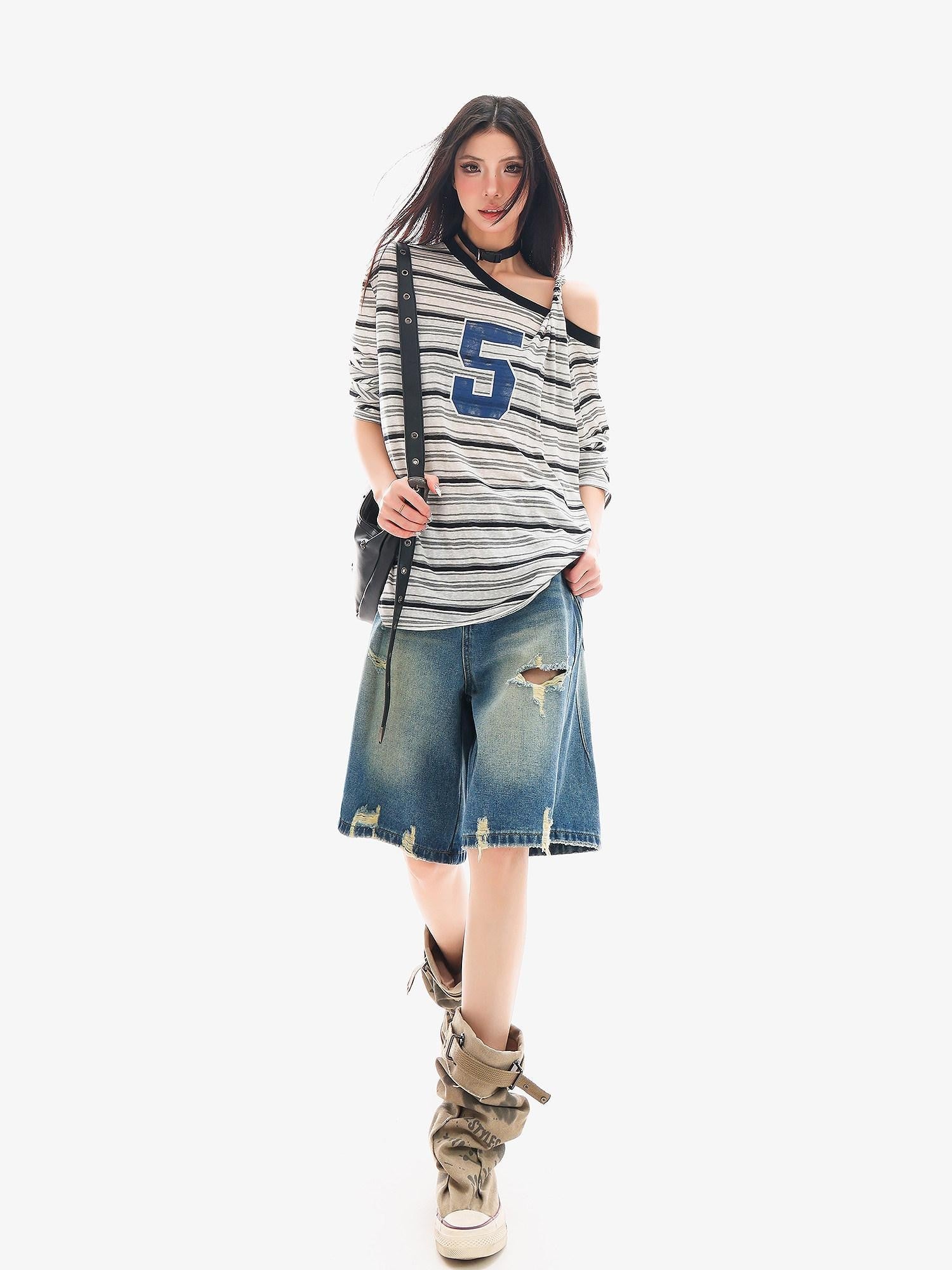 QIUQIU STUDIO Ripped Fringe Ombre Distressed Wide Leg Women&