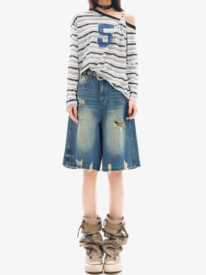 QIUQIU STUDIO Ripped Fringe Ombre Distressed Wide Leg Women&