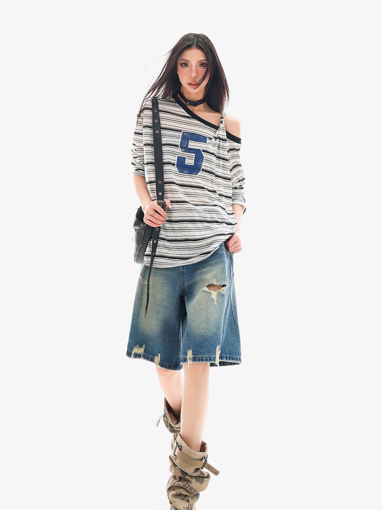 QIUQIU STUDIO Ripped Fringe Ombre Distressed Wide Leg Women&