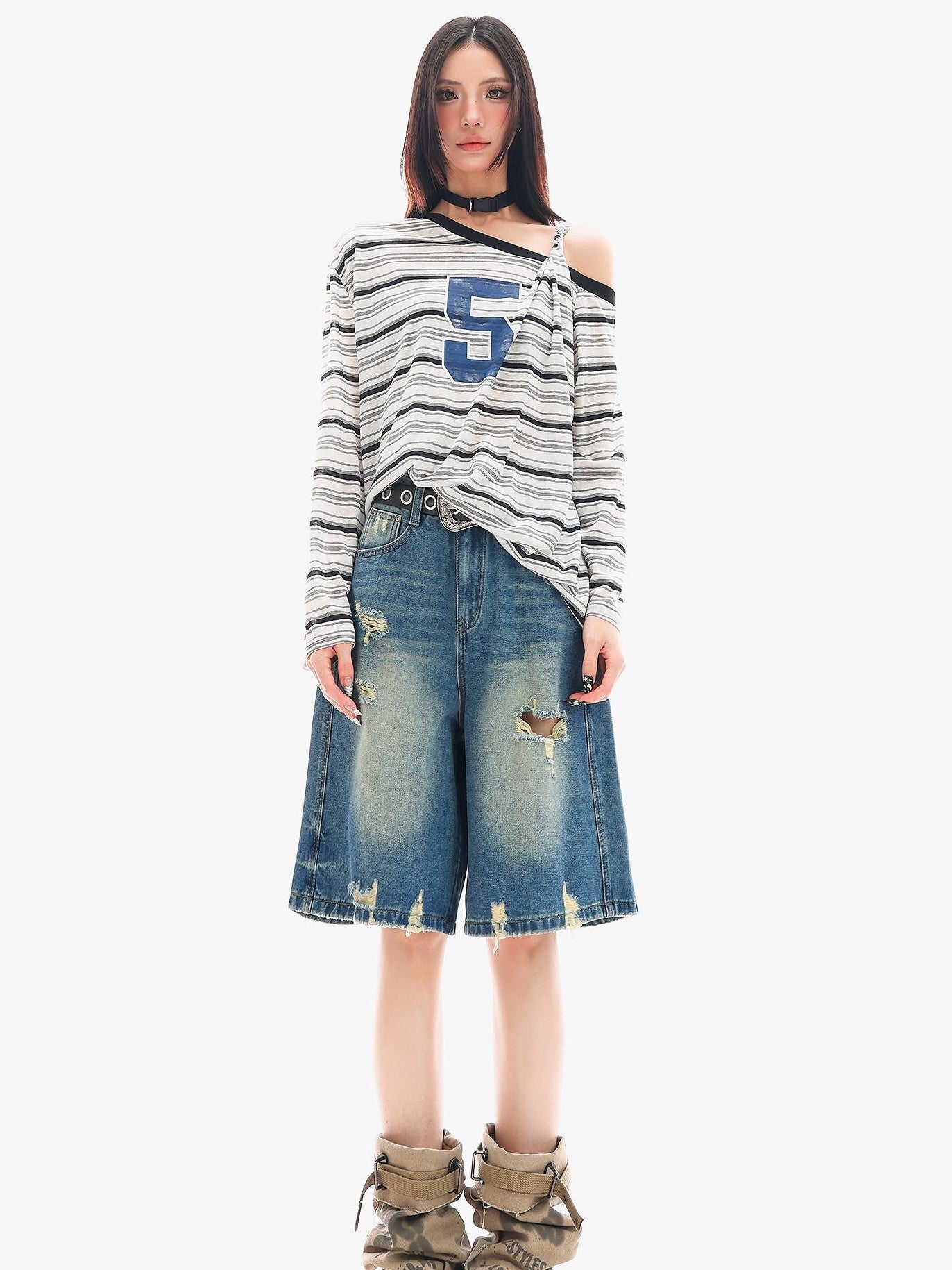 QIUQIU STUDIO Ripped Fringe Ombre Distressed Wide Leg Women&