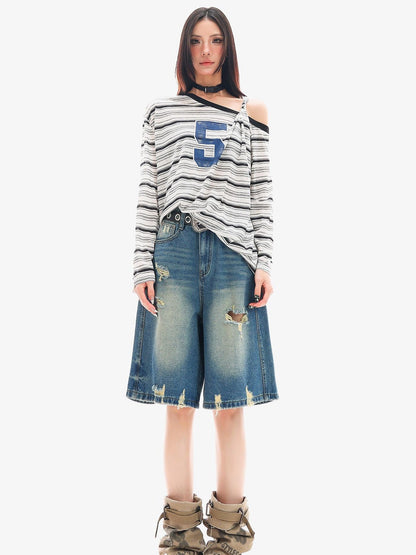 QIUQIU STUDIO Ripped Fringe Ombre Distressed Wide Leg Women&