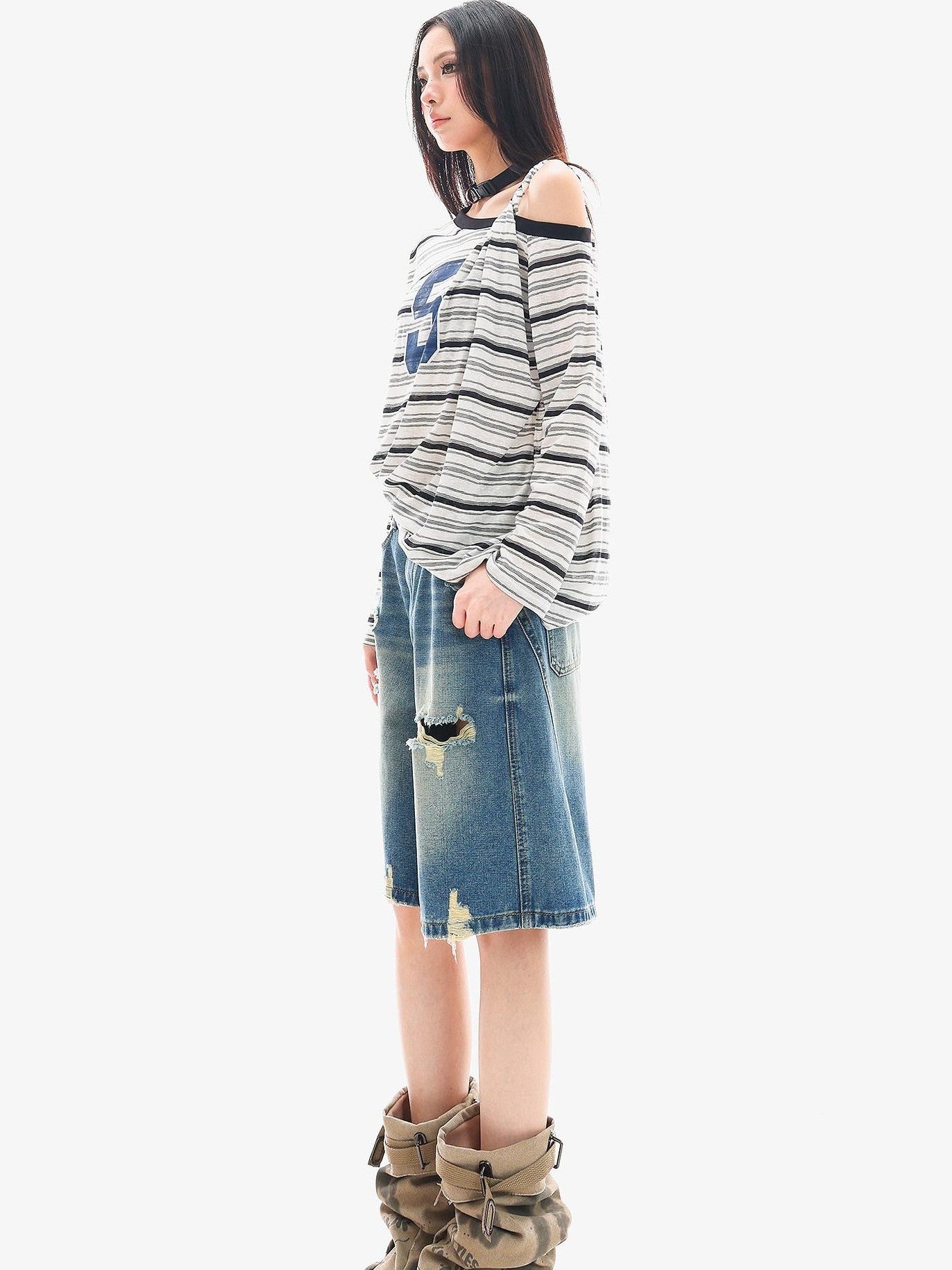 QIUQIU STUDIO Ripped Fringe Ombre Distressed Wide Leg Women&