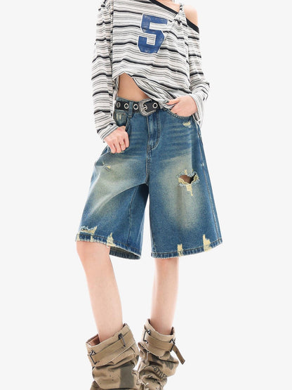 QIUQIU STUDIO Ripped Fringe Ombre Distressed Wide Leg Women&