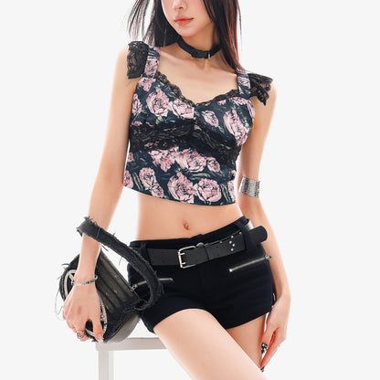 QIUQIU_STUDIO_Rose_Print_Lace_Trim_Navel_Baring_Short_Cropped_Slim_Fit_Women&