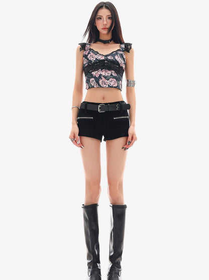 QIUQIU STUDIO Rose Print Lace Trim Navel Baring Short Cropped Slim Fit Women&